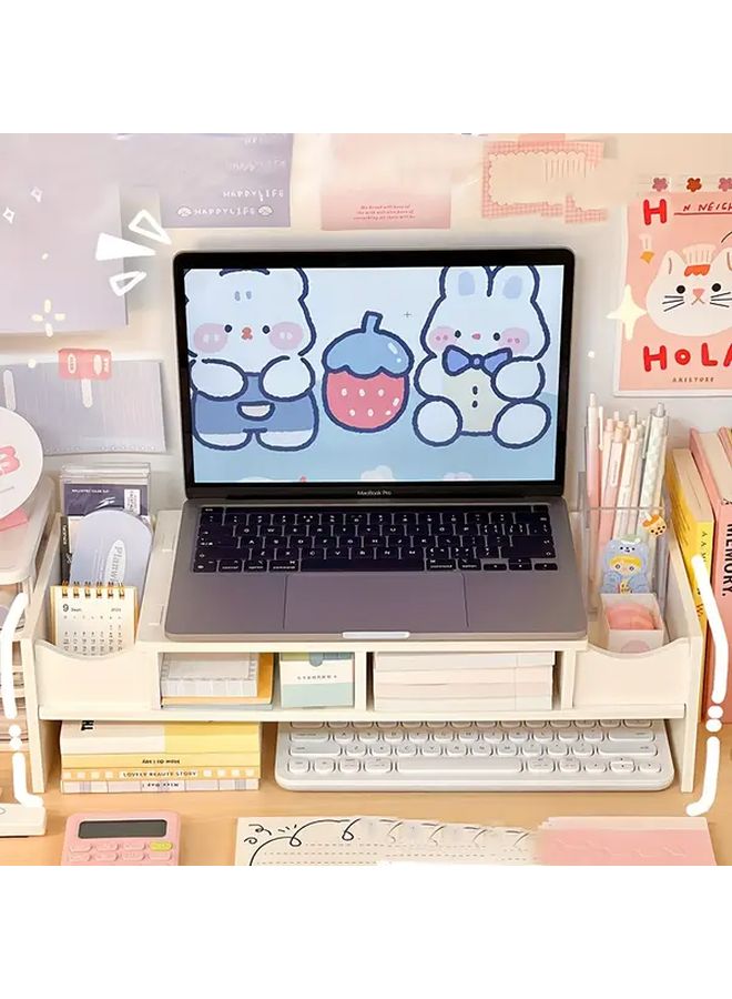 White Desktop Monitor Stand With Storage Shelf PVC Office Organizer - Image 1